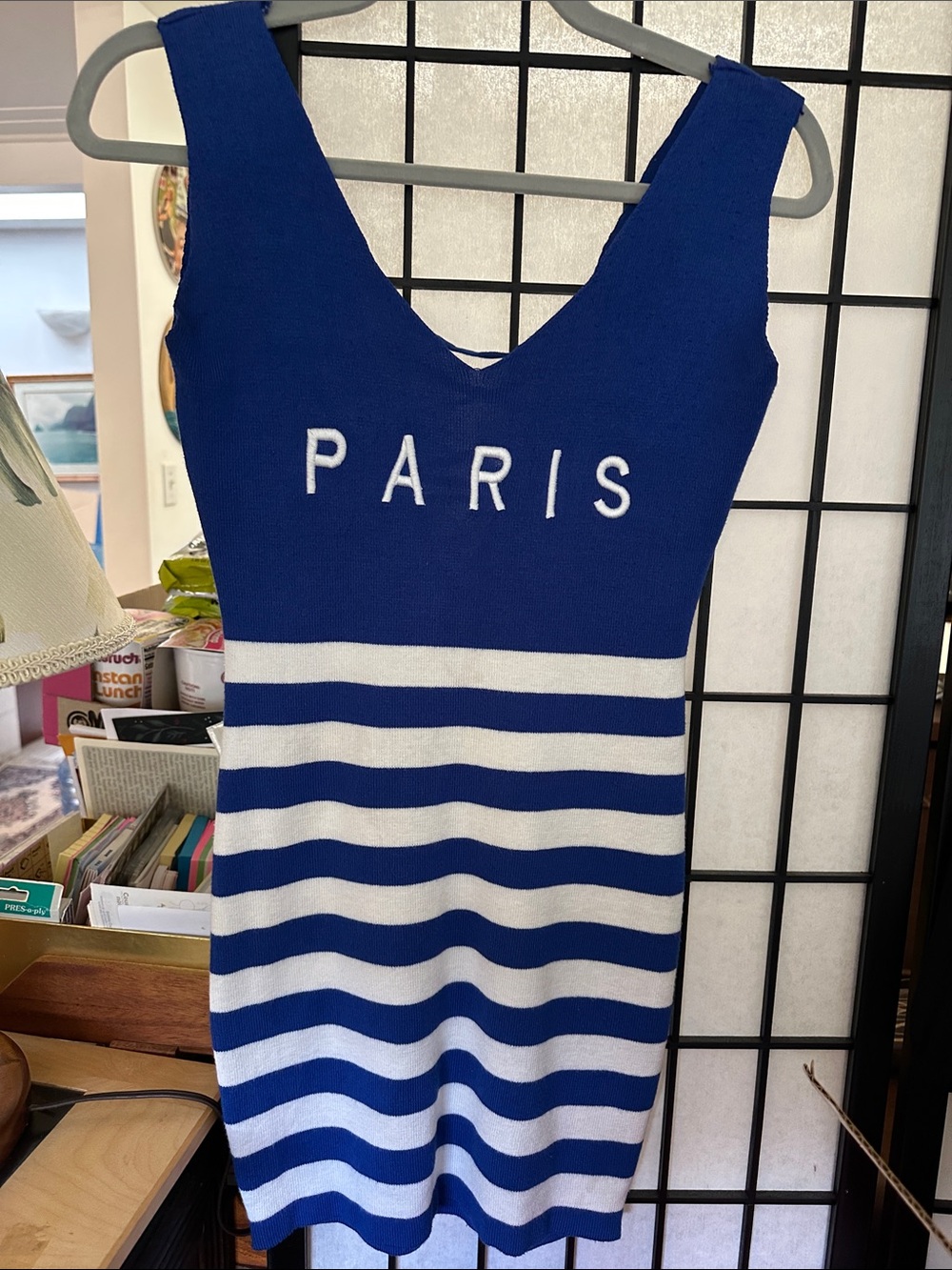 Super cute "nautical-style blue and white striped dress” with "PARIS" text